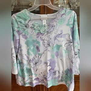 Alfred Dunner Floral Lace Top - Mint and Lavender
